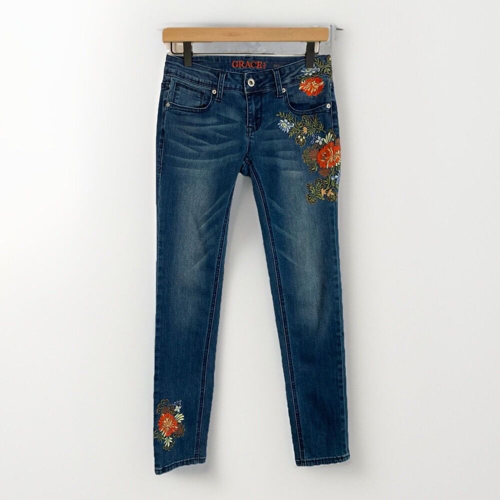 Grace In LA Jeans Womens 26 Blue Skinny Floral Embroidered Stretch 5 Pocket